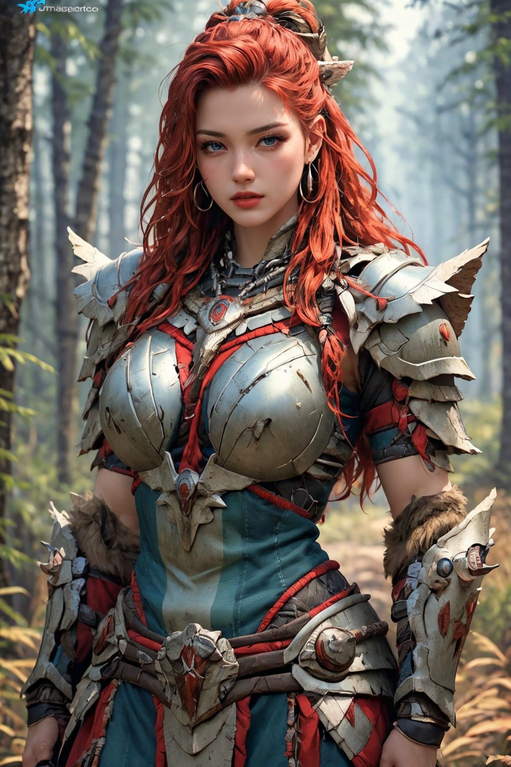 busty and sexy girl, 8k, masterpiece, ultra-realistic, best quality, high resolution, high definition, viking girl, primative clothing with mecha armor, forest