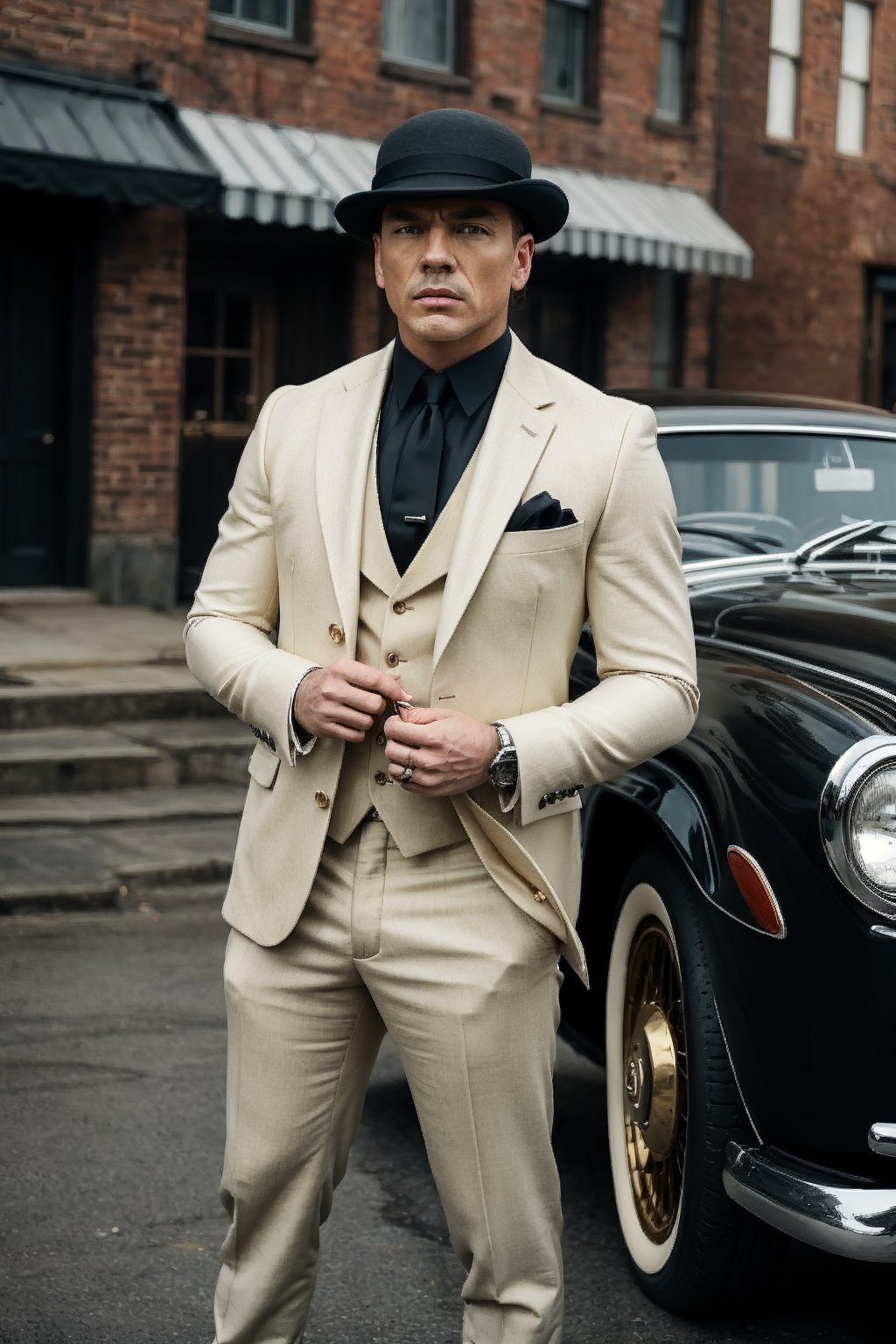 
In a dimly lit alley, an opulent vintage Mercedes stands as a backdrop, emanating an aura of class and mystique. Three impeccably dressed men, epitomizing the essence of the Peaky Blinders era, stand in a row. The man at the forefront, sporting a sharp tailored suit and a sleek flat cap tilted at just the right angle, exudes confidence. His stern gaze and hardened features define his fierce and cunning nature. He leans on the car, emanating an air of authority. Beside him stands another man, equally dapper in his attire, his coat buttoned and a gold pocket watch dangling from a chain. His face carries a sense of stoicism, revealing a history of challenges and triumphs. His eyes, sharp and calculating, hint at a keen intellect. The third man, slightly in the background but still noticeable, is impeccably dressed as well. His attire, a blend of vintage fashion and modern flair, showcases his rebellious spirit. A carefully groomed beard and intense, piercing eyes complete his rugged yet refined look. In the midst of this charismatic trio, two fierce bulldogs stand guard, exuding a sense of loyalty and ferocity. Their determined expressions and muscular stature reinforce the aura of strength and power surrounding the men. The combination of the vintage Mercedes, the iconic fashion, and the fierce bulldogs perfectly encapsulates the essence of the Peaky Blinders era, creating an image that is both timeless and captivating ,PinchingPOV,SD 1.5