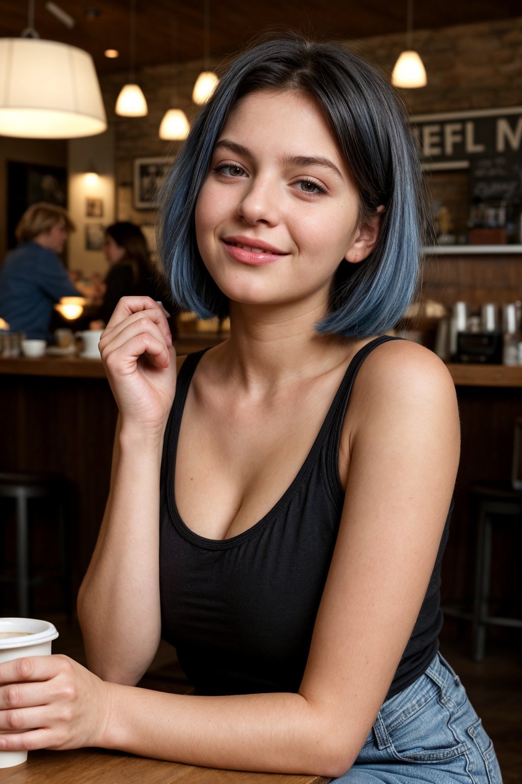 A photorealistic portrait of an 18-year-old girl with captivating beauty, her hair styled in a chic bob and dyed a mesmerizing blue, dressed in a simple black shirt and jeans that highlight her natural beauty. Big tits. The background should depict a relaxed coffee shop setting, with soft lighting, comfortable seating, and people enjoying their coffee and conversation. The girl's expression should be one of peace and contentment, showcasing her enjoyment of the moment.

,SD 1.5