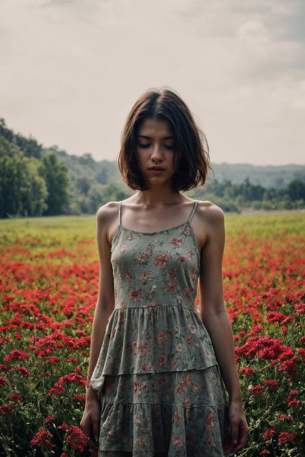 woman, flower dress, colorful, darl background,flower armor,green theme,exposure blend, medium shot, bokeh, (hdr:1.4), high contrast, (cinematic, teal and orange:0.85), (muted colors, dim colors, soothing tones:1.3), low saturation,realistic,SD 1.5