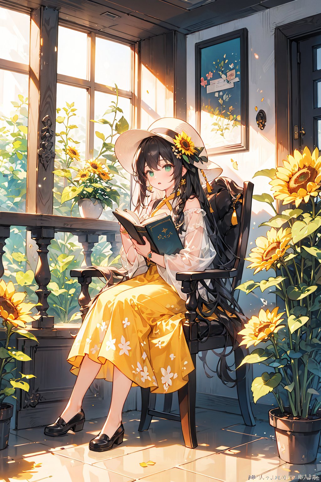 1girl, bird, flower, long hair, grapes, black hair, sitting, solo, green eyes, pillar, fruit, book, hair ornament, food, hat, plant, dress, jewelry, long sleeves, green dress, vase, braid, railing, column, very long hair, book stack, watermark, beads, full body, sunflower, yellow dress, tassel, leaf