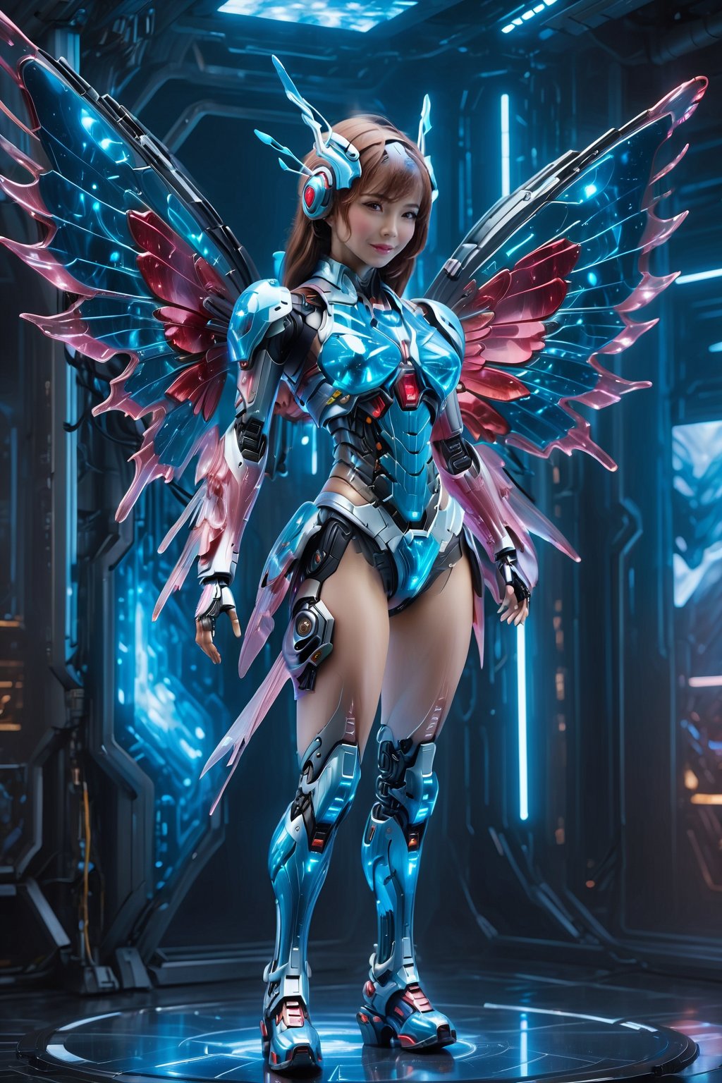 (1girl:1.2), solo, perfect body proportion, huge breasts, bikini mecha, (Fire Angel Mecha:1.2),  
(Masterpiece, Best Quality, 8k:1.2), (Ultra-Detailed, Highres, Extremely Detailed, Absurdres, Incredibly Absurdres, Huge Filesize:1.1), (Photorealistic:1.3), By Futurevolab, Portrait, Ultra-Realistic Illustration, Digital Painting. ,Blue Backlight, Energy light particle mecha, Mecha,Butterfly Style