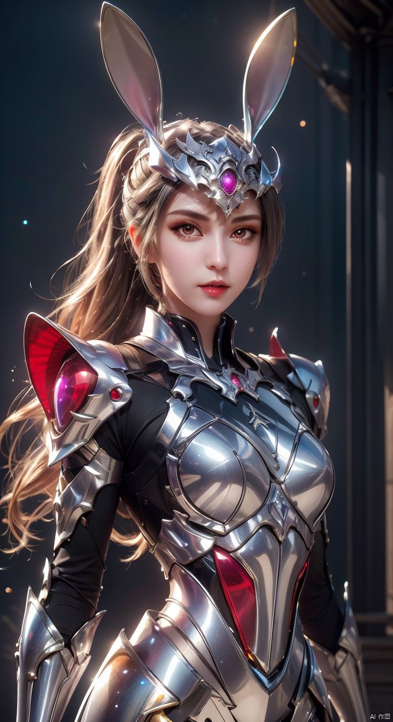  masterpiece,best quality,extremely high detailed,intricate,8k,HDR,wallpaper,cinematic lighting,(universe:1.4),Silver armor,glowing eyes,anthropomorphic rabbit mecha,red jewel, Armor inlaid with gemstones,xiaowu