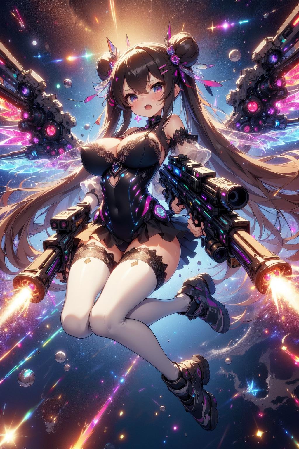 (((masterpiece))), (((best quality))), (((full body))), (((looking at viewer))), (((dual wielding twin buster rifle))), (((magnum sniper rifle))), (((colorful crystal huge beam impact))), (((firing))), (((glowing))), (((power)), (((electricity))), ((crystal colorful mechanical wings)), (((beige gothic lace see-through tight suit))), ((off shoulder)), skirt, ((leggings)), (((floating))), (((space))), earth \(planet\), (((high sky))), (((planet))), solo, 1girl, cleavage, (((big tits))), very long hair, black twin bun hair, hairclip, ribbon, open mouth, sweat, shy, blush, ((slim figure)), <lora:girlliketwinbusterrifle:1>