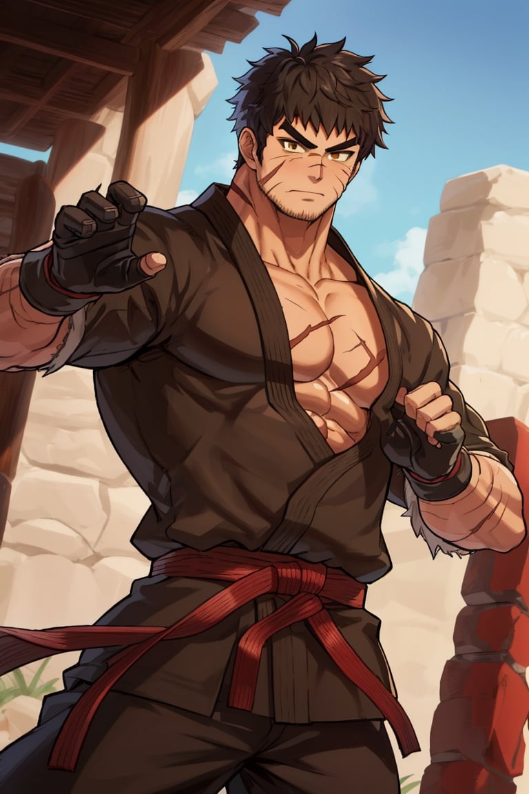 solo male, Grappler, Dungeon Fighter Online, black hair, short hair, brown eyes, thick eyebrows, forked eyebrows, stubble, green eyes, scars on face, scar on cheek, scar on chest, pectorals, pectoral cleavage, rn black dougi, black pants, red martial arts belt, yellow fingerless gloves, barefoot, bandaged hand, toned male, mature, handsome, charming, alluring, blush, shy, serious, fighting stance, upper body, perfect anatomy, perfect proportions, ((perfect eyes, perfect, parfect fingers)), best quality, masterpiece, high_resolution, dutch angle, cowboy shot, photo background, (looking outside)