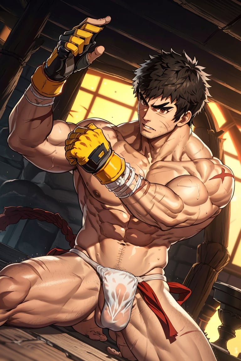 solo male, Grappler, Dungeon Fighter Online, black hair, short hair, brown eyes, thick eyebrows, forked eyebrows, stubble, scars on face, scar on cheek, scar on chest, pectoral cleavage, complete topless. shirtless, bottomless, ((pure white fundoshi)), yellow fingerless gloves, barefoot, bandaged hand, bare shoulder, bare arms, toned male, mature, handsome, charming, alluring, erotic, ((blush, shy)), sweaty shiny skin, fighting stance, upper body, perfect anatomy, perfect proportions, ((perfect eyes, perfect, parfect fingers)), best quality, masterpiece, high_resolution, dutch angle, photo background