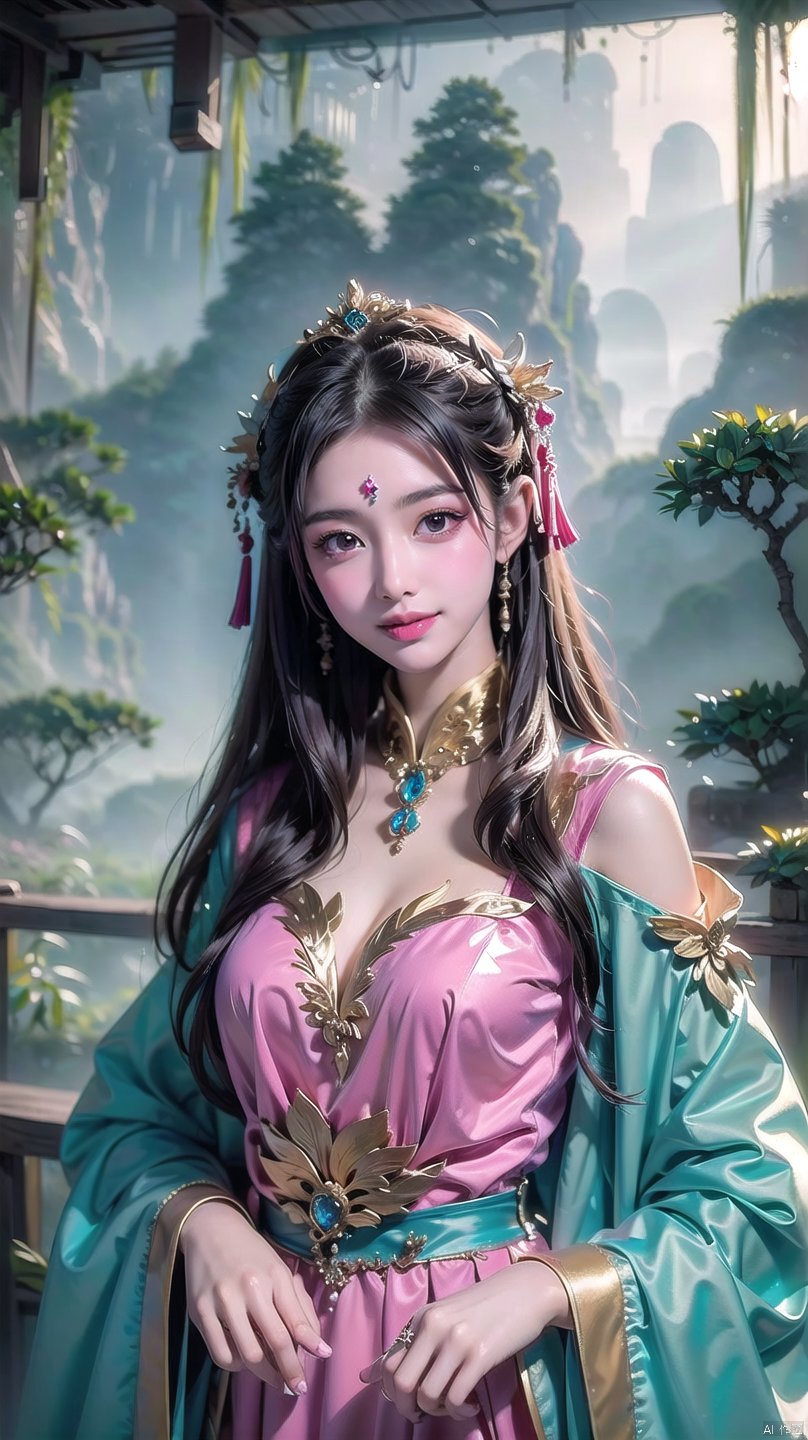 (Masterpiece, Best Quality: 1.5), Surrealistic, 1Girl, Long Hair, Straight Hair, Portrait, Mysterious Forest, Sweet Smiling Girl, Exquisitely Decorated Tight Dress, Medium Breast, Exquisite Realistic Details, Magic Tower Background, Mysterious Fantasy World, Beautiful Paintings