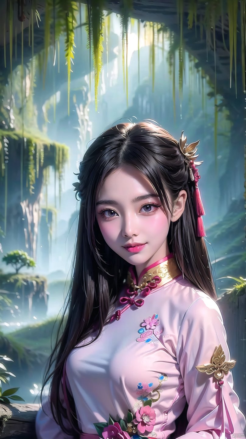 (Masterpiece, best quality: 1.5), surreal, 1 girl, long hair, straight hair, portrait, mysterious forest, sweet smiling girl, exquisitely decorated cheongsam, medium chest, exquisite and realistic details, magical tower background, mysterious fantasy world, colorful and colorful