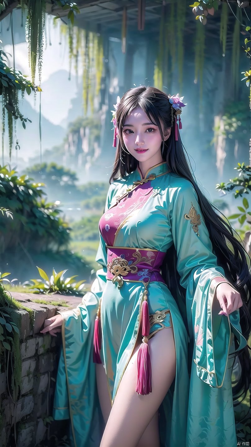 (Masterpiece, best quality: 1.5), surreal, 1 girl, long hair, straight hair, portrait, mysterious forest, sweet smiling girl, exquisitely decorated cheongsam, medium chest, exquisite and realistic details, magical tower background, mysterious fantasy world, colorful and colorful