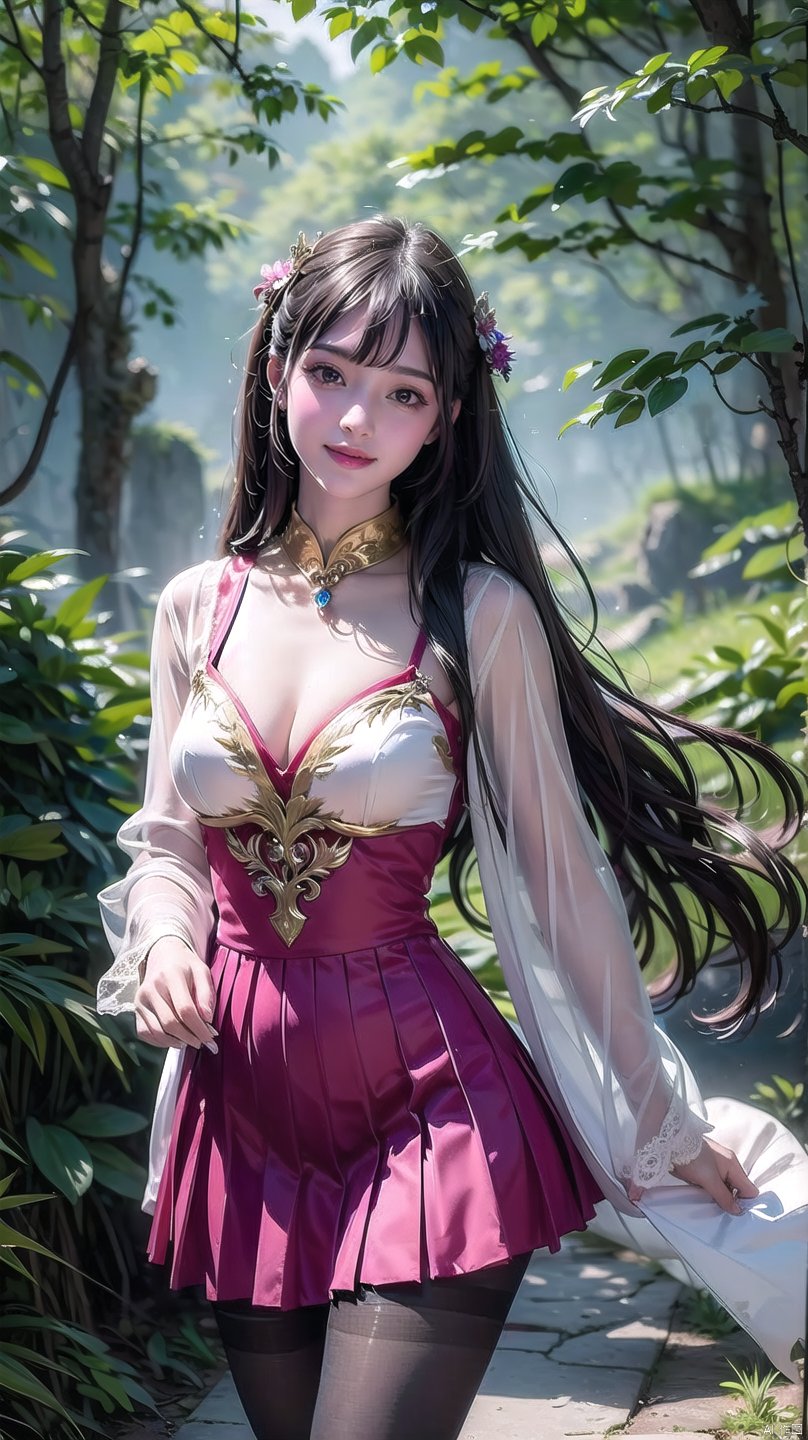 (Masterpiece, best quality: 1.5), surreal, 1 girl, straight bangs, long hair, straight hair, portrait, mysterious forest, sweet smiling girl, pantyhose, pantyhose, pantyhose,
Exquisitely decorated pleated princess dress, medium chest, exquisite and realistic details, magical tower background, mysterious fantasy world, beautiful visuals