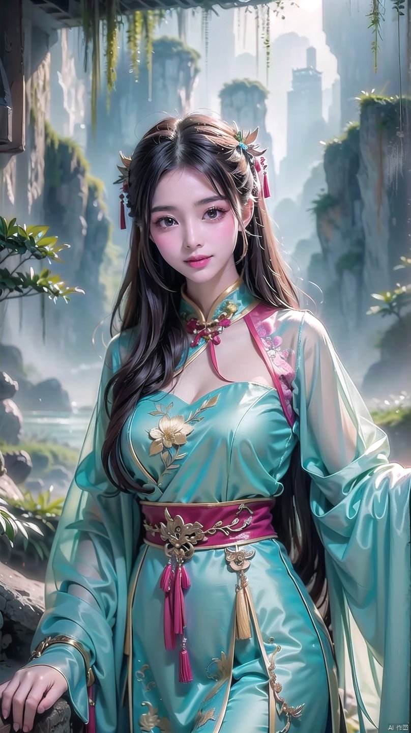 (Masterpiece, best quality: 1.5), surreal, 1 girl, long hair, straight hair, portrait, mysterious forest, sweet smiling girl, exquisitely decorated cheongsam, medium chest, exquisite and realistic details, magical tower background, mysterious fantasy world, colorful and colorful, gufengsw001