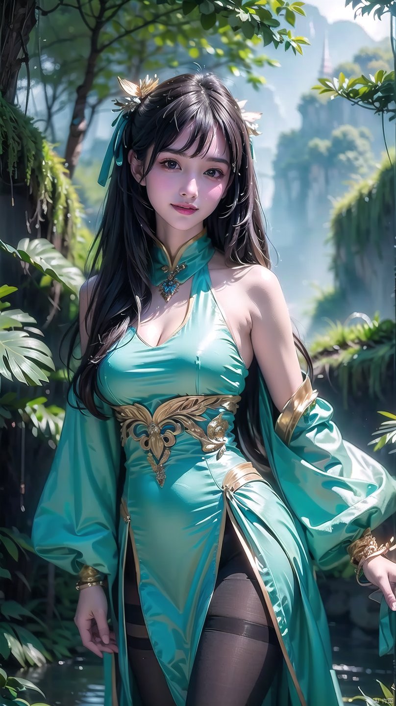 (Masterpiece, best quality: 1.5), surreal, 1 girl, straight bangs, long hair, straight hair, portrait, mysterious forest, sweet smiling girl, pantyhose, sexy pantyhose,
Exquisitely decorated tight fitting dress, medium chest, exquisite and realistic details, magical tower background, mysterious fantasy world, beautiful visuals