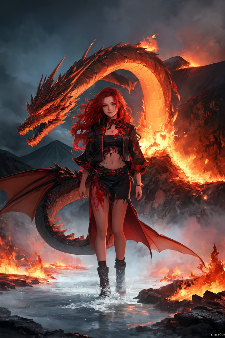 (Masterpiece:1.2), (top quality, best quality, official art, beautiful), (1girl), extreme detailed, fantasic art, highest detailed, r1ge, girl take a dip in blood lake, next to her fire dragon, pretty face, (full body), evil smile, long red wavy hair, wet hair, fire-shaped hair brooch, glowing tattoo on her chest, (the Volcano is erupting, burning with red flames in the background), emotional eyes, 1 girl, ((ripped_clothes)), epic atmosphere, perfecteyes, long, dragon, GlowingRunes_, long, Savage_Design, dragon, no_humans, medium shot