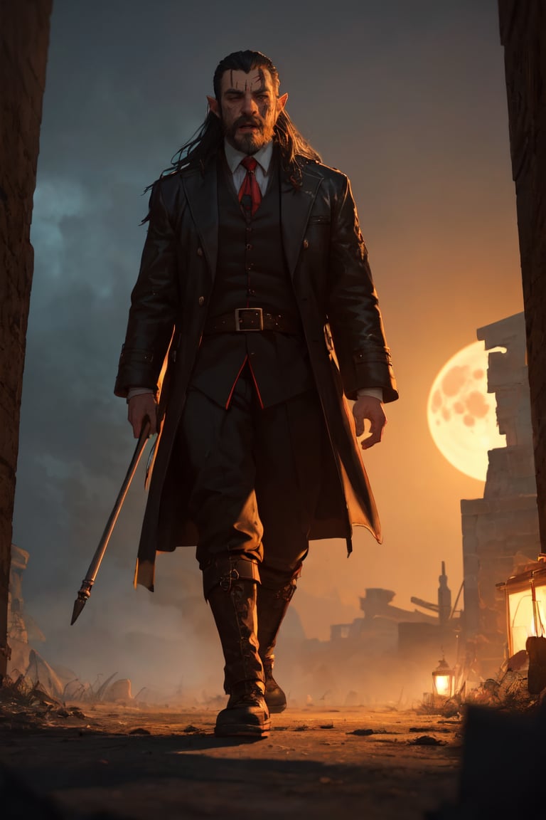 One old man, dracula, vampire face, pointy-ears, "beard long", black hair, long_hair, scar on left eye, paleskin, big_muscle, angry face, "flesh_fang", full_body, blood moon, walking, <lora:midjourney_20230624181825:0.200000>, , <lora:sam_yang_offset_right_filesize:0.500000>, , <lora:modernstyle:0.500000>, , <lora:more_details:0.500000>, , <lora:WOW_man:0.800000>, (Extremely Detailed Oil Painting:1.2), glow effects, godrays, Hand drawn, render, 8k, octane render, cinema 4d, blender, dark, atmospheric 4k ultra detailed, cinematic sensual, Sharp focus, humorous illustration, big depth of field, Masterpiece, colors, 3d octane render, 4k, concept art, trending on artstation, hyperrealistic, Vivid colors, extremely detailed CG unity 8k wallpaper, trending on ArtStation, trending on CGSociety, Intricate, High Detail, dramatic