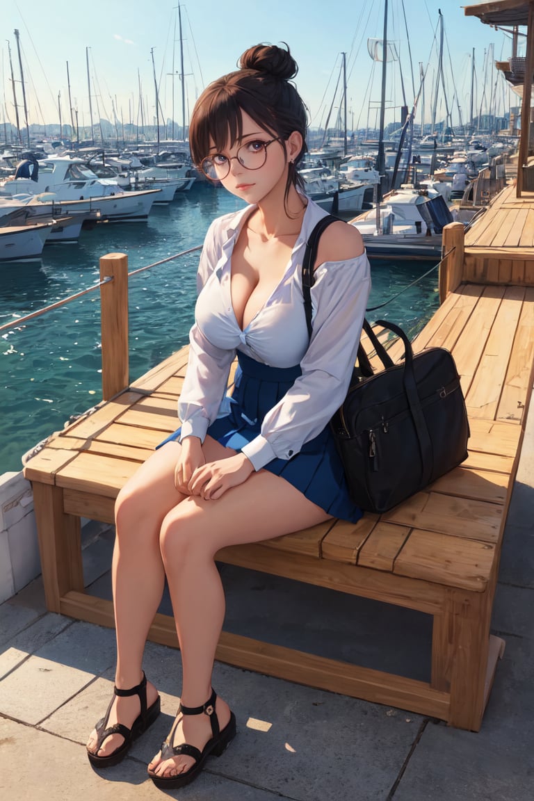 1girl, breasts, watercraft, outdoors, weapon, cleavage, sitting, skirt, day, gun, solo, sky, jewelry, holster, shirt, photo background, realistic, shoulder holster, single hair bun, handgun, earrings, white skirt, boat, hair bun, water, tied shirt, blue sky, black hair, ocean, white shirt, long sleeves, brown hair, ship, large breasts, sandals, glasses, shoes.The background of the image features a harbor with several boats docked. There are at least five boats visible in the scene, with some closer to the foreground and others further away. The boats are of various sizes and shapes, creating a picturesque view of a waterfront area,(full body:1.5),Masterpiece, colors, 3d octane render, 4k, concept art, trending on artstation, hyperrealistic, Vivid colors, extremely detailed CG unity 8k wallpaper, trending on ArtStation, trending on CGSociety, Intricate, High Detail, dramatic,(super detailed), (beautiful background, detailed background),(front lighting:1.5), (waifu, anime, exceptional, best aesthetic, new, newest, best quality, masterpiece, extremely detailed:1.2),