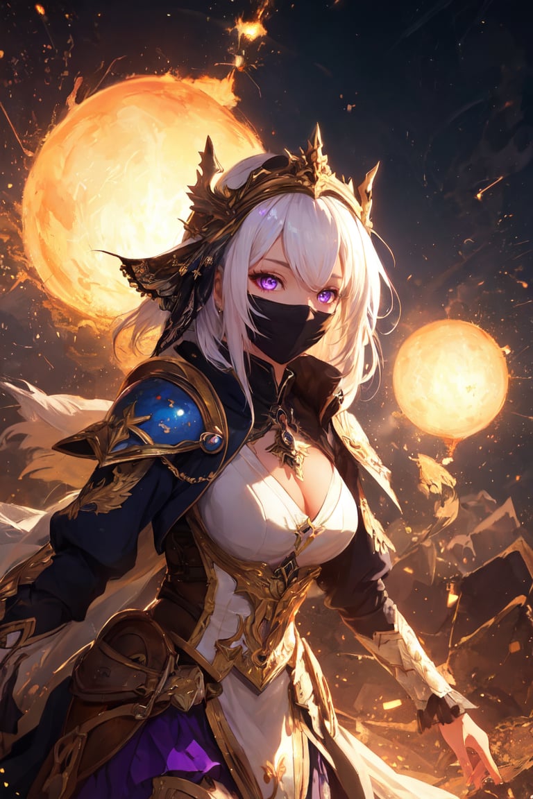 (masterpiece:1.2), best quality, fantasy, 1girl, white hair, multicolored hair, purple eyes, mask on head, sidelighting, light particles, wallpaper, full pose(HDR:1.4)