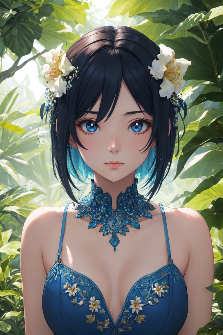 fashion photography portrait of blue human avatar, in blue lush jungle with flowers and birds, 3d render, cgi, symetrical, octane render, 35mm, bokeh, (intricate details:1.12), hdr, (intricate details, hyperdetailed:1.15), (natural skin texture, hyperrealism, soft light, sharp:1.2), (waifu, anime, exceptional, best aesthetic, new, newest, best quality, masterpiece, extremely detailed:1.2),