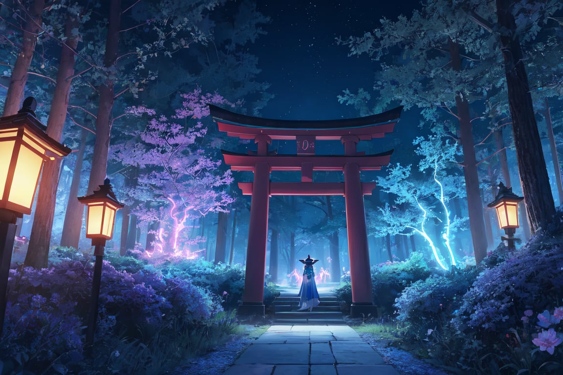 A captivating Japanese torii gate, standing tall amidst an enchanted bioluminescent forest that emanates ethereal beauty and a touch of magic. This mesmerizing scene is inspired by the unique style of Cathleen McAllister, blending elements of realism and fantasy. The torii gate is illuminated by the soft, enchanting glow of bioluminescent bugs, creating a wondrous and otherworldly atmosphere. The digital artwork is a testament to the artist's creativity and attention to detail, transporting viewers to a world of enchantment and awe. The color scheme features a mesmerizing array of luminescent hues, adding to the magical allure of the forest. Skillfully using digital art techniques, the artist brings the scene to life, evoking a sense of wonder and inviting viewers to immerse themselves in this enchanting realm.(octane render, unreal engine 5), (waifu, anime, exceptional, best aesthetic, new, newest, best quality, masterpiece, extremely detailed:1.2),