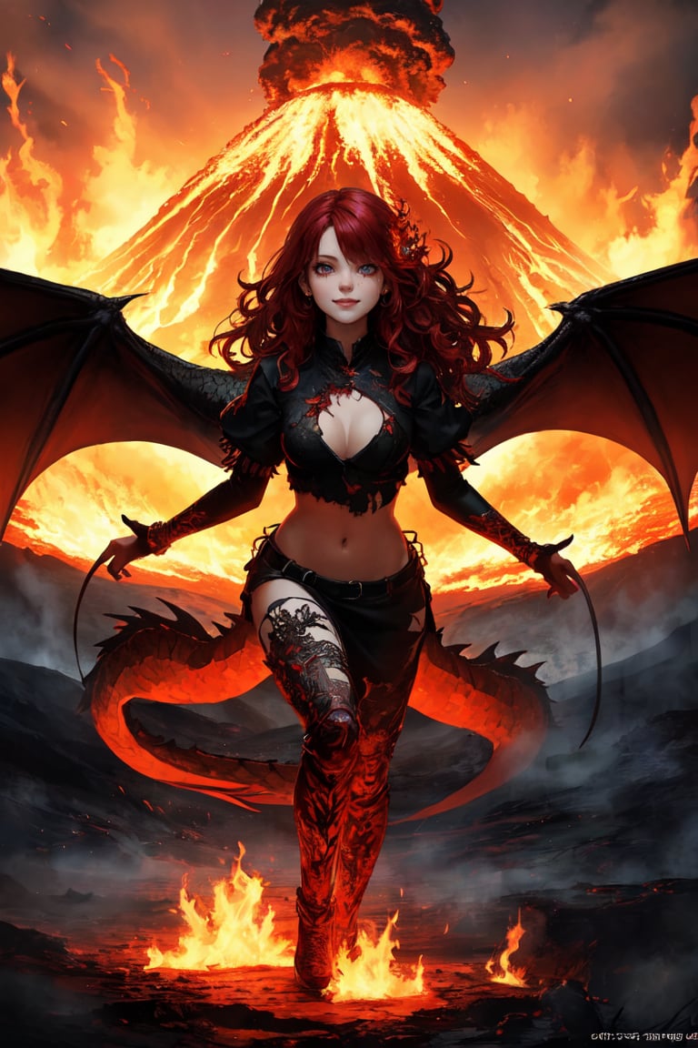 (Masterpiece:1.2), (top quality, best quality, official art, beautiful), (1girl), extreme detailed, fantasic art, highest detailed, r1ge, girl take a dip in blood lake, next to her fire dragon, pretty face, (full body), evil smile, long red wavy hair, wet hair, fire-shaped hair brooch, glowing tattoo on her chest, (the Volcano is erupting, burning with red flames in the background), emotional eyes, 1 girl, ((ripped_clothes)), epic atmosphere, perfecteyes, long, dragon, GlowingRunes_, long, Savage_Design, dragon, no_humans, medium shot