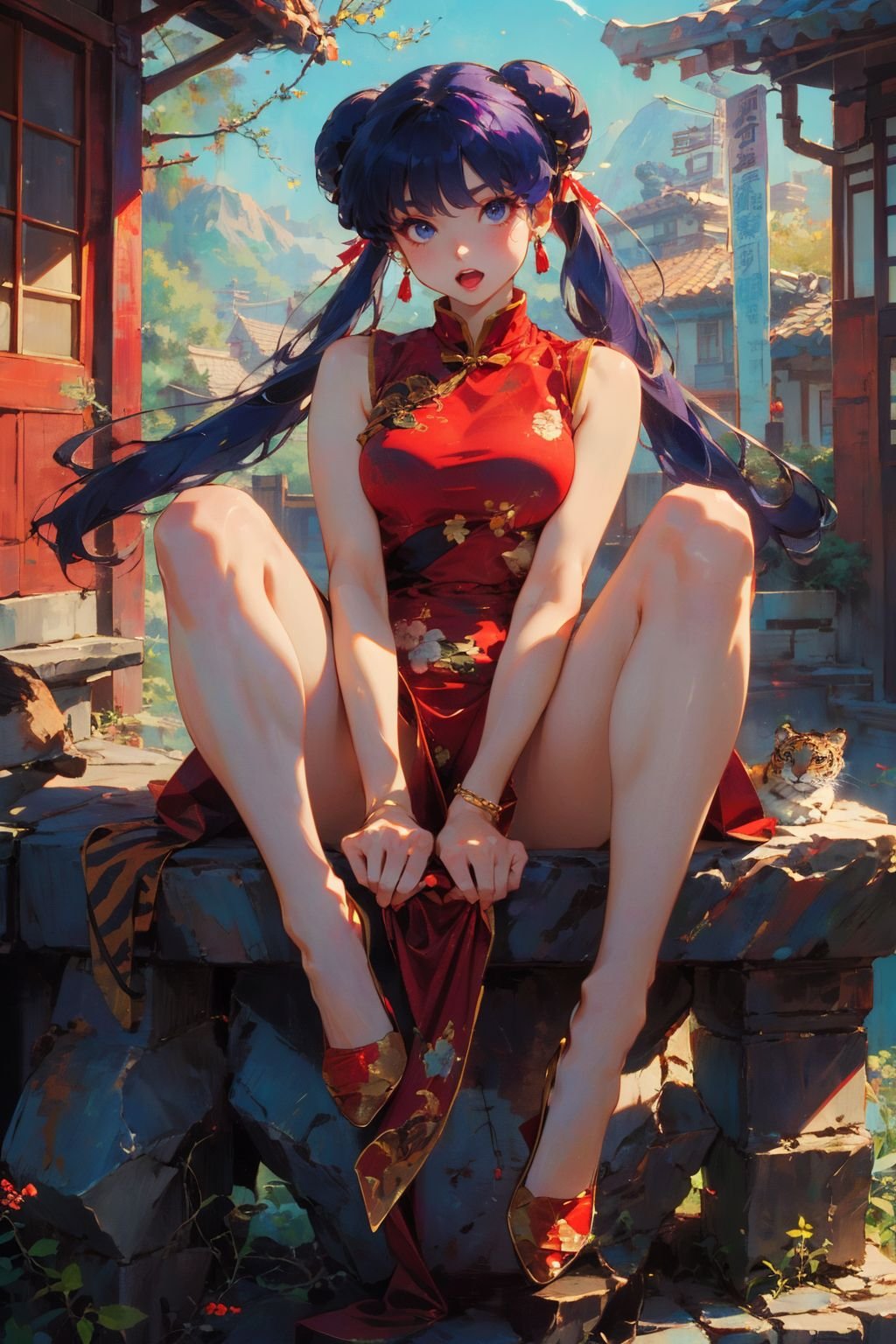 xuer Shampoo,1girl,tiger,chinese clothes,double bun,twintails,long hair,hair bun,jewelry,solo,red dress,earrings,looking at viewer,sitting,breasts,very long hair,black hair,blue eyes,bangs,sleeveless,animal,year of the tiger,knee up,open mouth,medium breasts,bare legs,high heels,purple hair,double bun,long hair,(hair bell:1.1),shampoo \(ranma 1/2\),<lora:xuer Shampoo_20240303193333:0.8>,