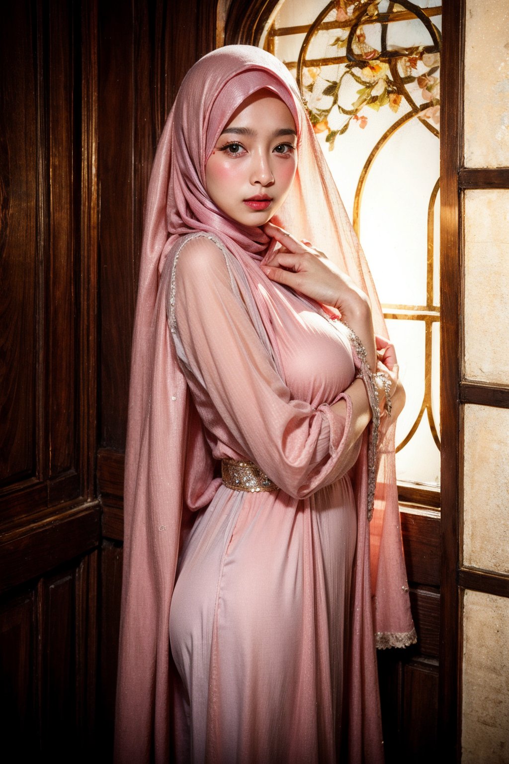 1 girl, solo, medium_breasts, innocent looks, enjoying, looking at viewer,

Hijab, robe, Jewelry, necklace, earings, only_robe, silk, thin, translucent ,see-through, 
,C1SYU,H3NUY 