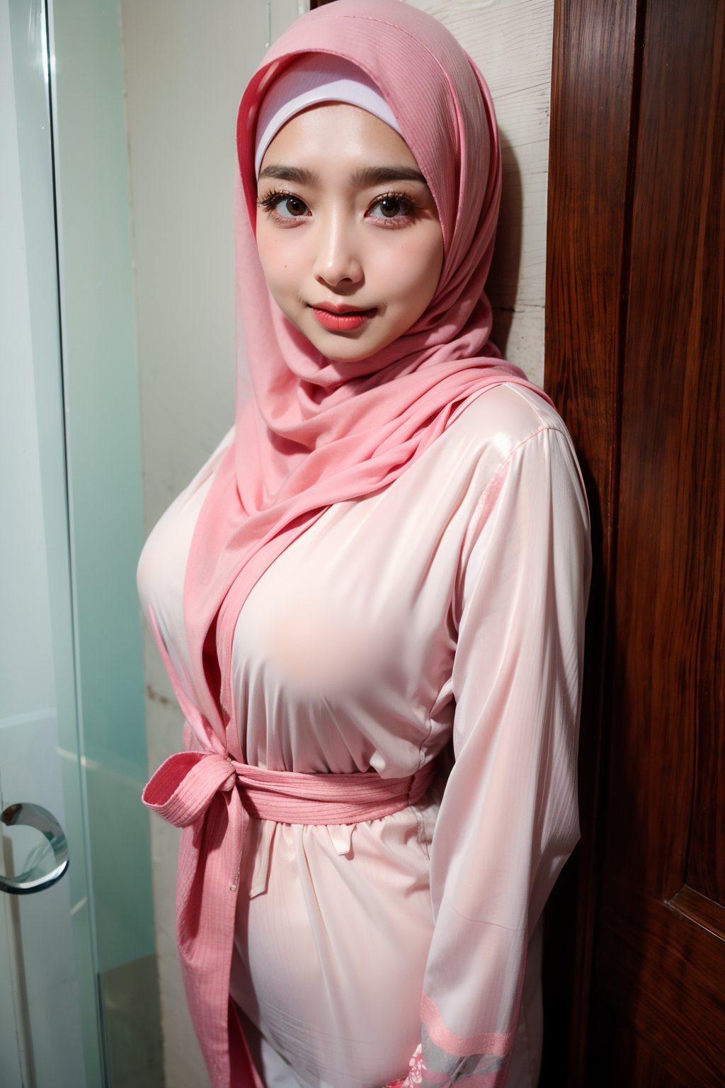 1 girl, solo, medium_breasts, innocent looks, enjoying, looking at viewer,

Hijab, office suit, Jewelry, necklace, earings, only_robe, silk, thin, translucent ,see-through, 
,H3NUY 