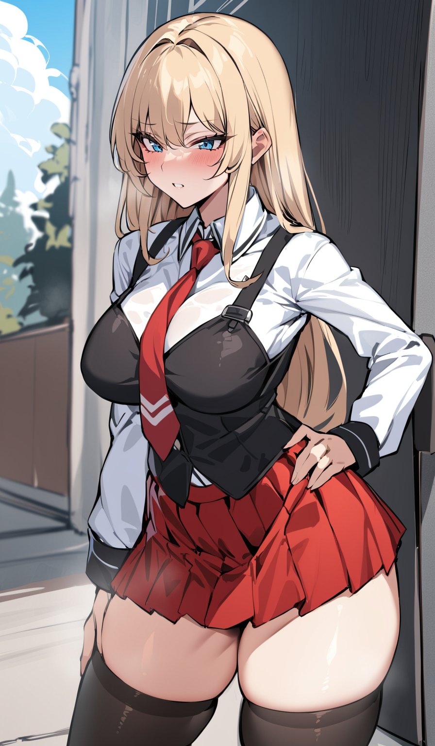 ((masterpiece, best quality)), insaneres, absurdres, solo, outdoors,
CLOTHING_BibleBlack_SchoolDress_ownwaifu,  
1girl, blonde hair,  long hair, blue eyes, 

black vest, red skirt, white shirt, collared shirt, suspenders, school uniform, black thighhighs, zettai ryouiki, necktie, long sleeves, pleated skirt, red necktie, 
(contrapposto, hand on hip),