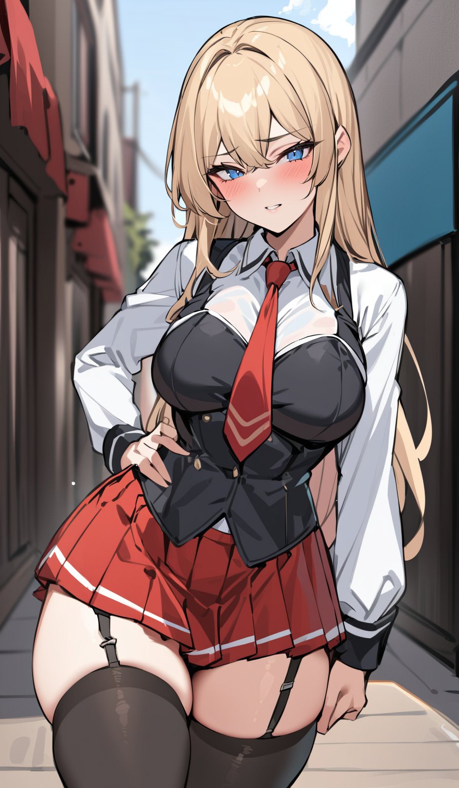 ((masterpiece, best quality)), insaneres, absurdres, solo, outdoors,
CLOTHING_BibleBlack_SchoolDress_ownwaifu,  
1girl, blonde hair,  long hair, blue eyes, 

black vest, red skirt, white shirt, collared shirt, suspenders, school uniform, black thighhighs, zettai ryouiki, necktie, long sleeves, pleated skirt, red necktie, 
(contrapposto, hand on hip),