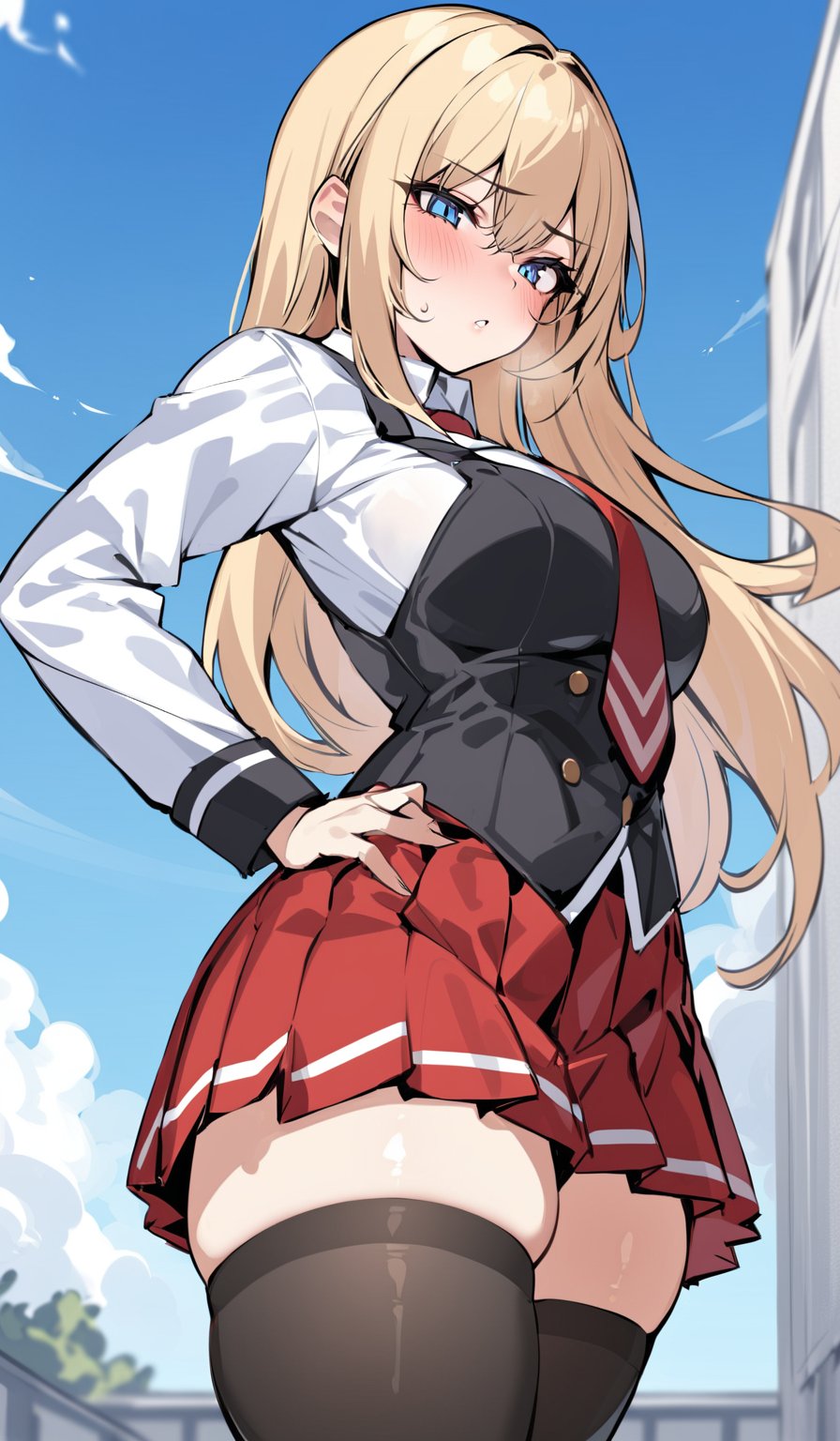 ((masterpiece, best quality)), insaneres, absurdres, solo, outdoors,
CLOTHING_BibleBlack_SchoolDress_ownwaifu,  
1girl, blonde hair,  long hair, blue eyes, 

black vest, red skirt, white shirt, collared shirt, suspenders, school uniform, black thighhighs, zettai ryouiki, necktie, long sleeves, pleated skirt, red necktie, 
(contrapposto, hand on hip),