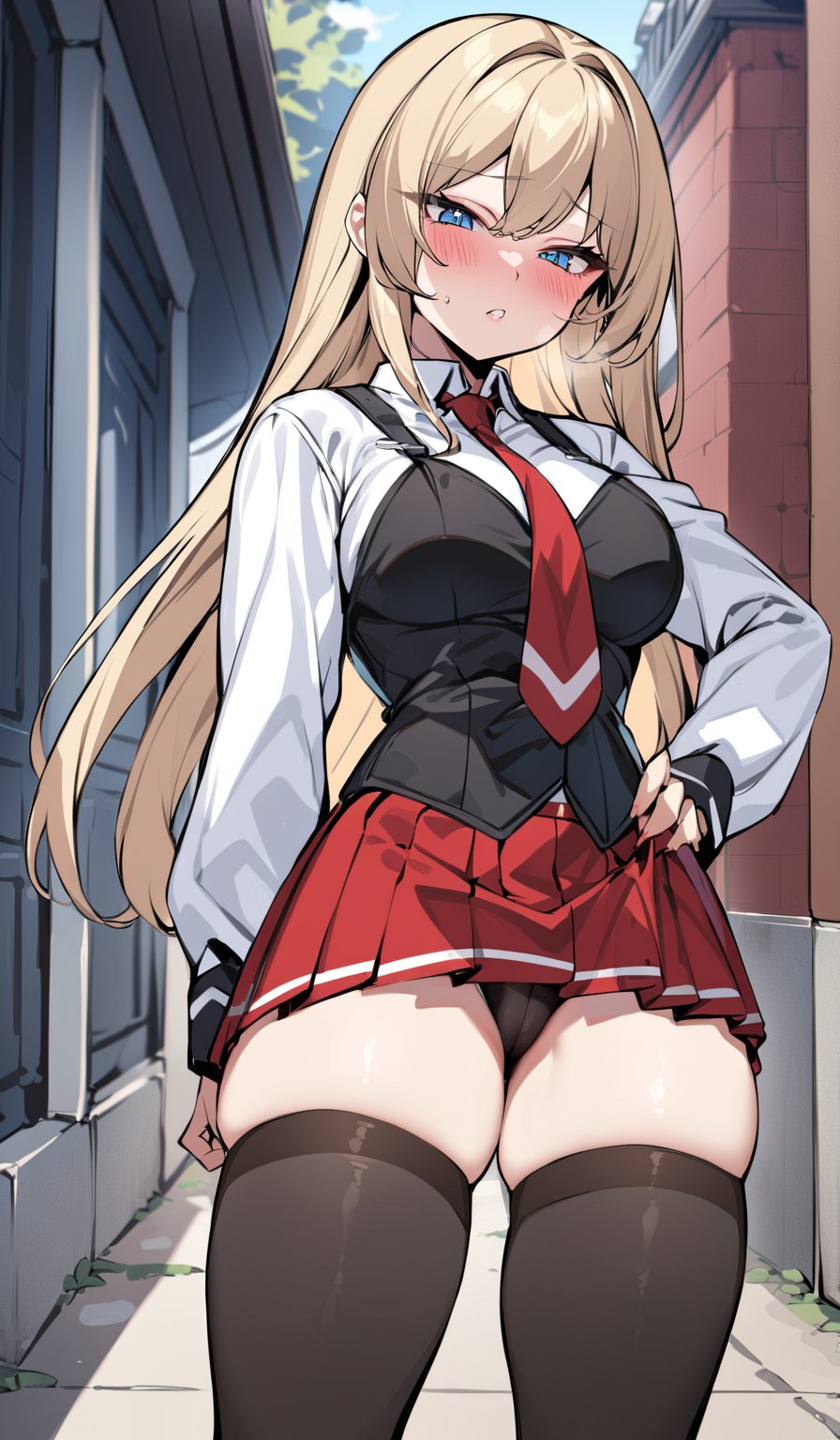 ((masterpiece, best quality)), insaneres, absurdres, solo, outdoors,
CLOTHING_BibleBlack_SchoolDress_ownwaifu,  
1girl, blonde hair,  long hair, blue eyes, 

black vest, red skirt, white shirt, collared shirt, suspenders, school uniform, black thighhighs, zettai ryouiki, necktie, long sleeves, pleated skirt, red necktie, 
(contrapposto, hand on hip),