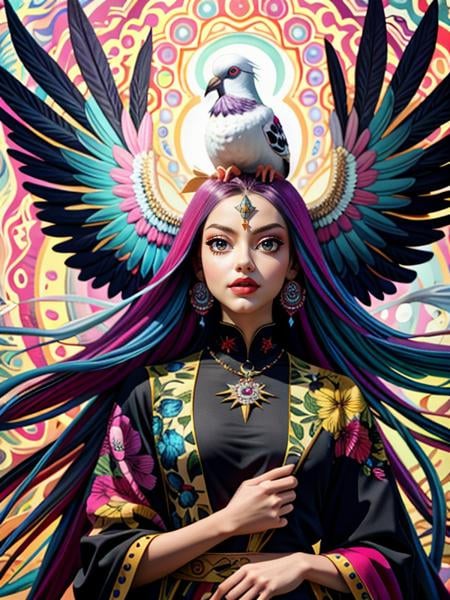 (Style: trending on artstation, ((high quality:1.2, masterpiece:1.2)) , (8k resolution) , high details, incredibly absurdres, color connection, colorized, colorful) , [stylized by Hannah Yata and (Alex Garant:0.7) ::17], Concept art, Vector Art, majestic, (Pigeon:1.2) , it is Warlike, inside a Synagogue, Peaceful, Swirling Vibrant, D&D