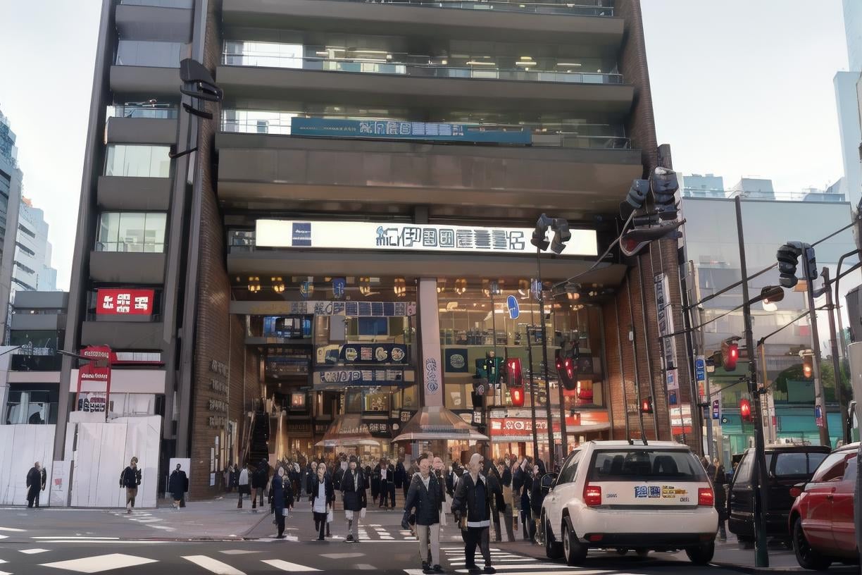 best quality, ultra high res,kinokuniya, storefront, real world location, scenery, street, city, road, lamppost, building, motor vehicle, crosswalk, sky, sign, car, 6+boys, day, traffic light, people, chinese text, blue sky, cityscape, multiple boys, outdoors, night, neon lights, city lights, cityscape, , cinematic, emotional, harmonious, vignette, highly detailed, high budget, bokeh, cinemascope, moody, epic, gorgeous, film grain, grainy, <lora:kinokuniya_shinjuku_SD15_V2:1>