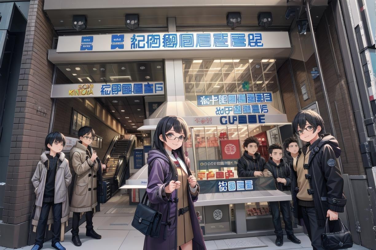 best quality, ultra high res,1girl, solo, glasses, black hair, long hair, duffle coat, black bag, smile, looking at viewer, solo focus,kinokuniya, storefront, scenery, sign, multiple boys, real world location, 6+boys, shop, city, storefront, building, chinese text, multiple girls, outdoors<lora:kinokuniya_shinjuku_SD15_V2:0.8>