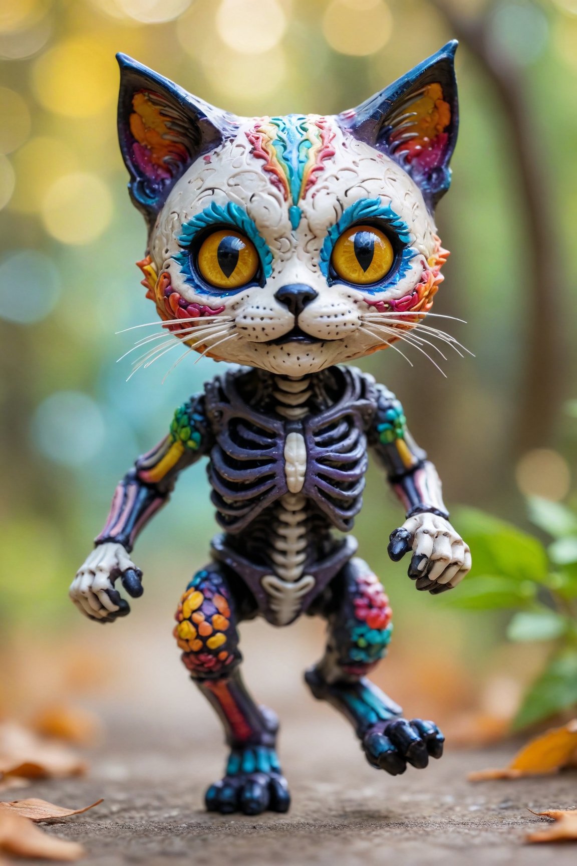 a cute colorful chibi skeleton cat running toward the viewer, bokeh blur background, insanely intricate details, (masterpiece), breathtaking natures art work
