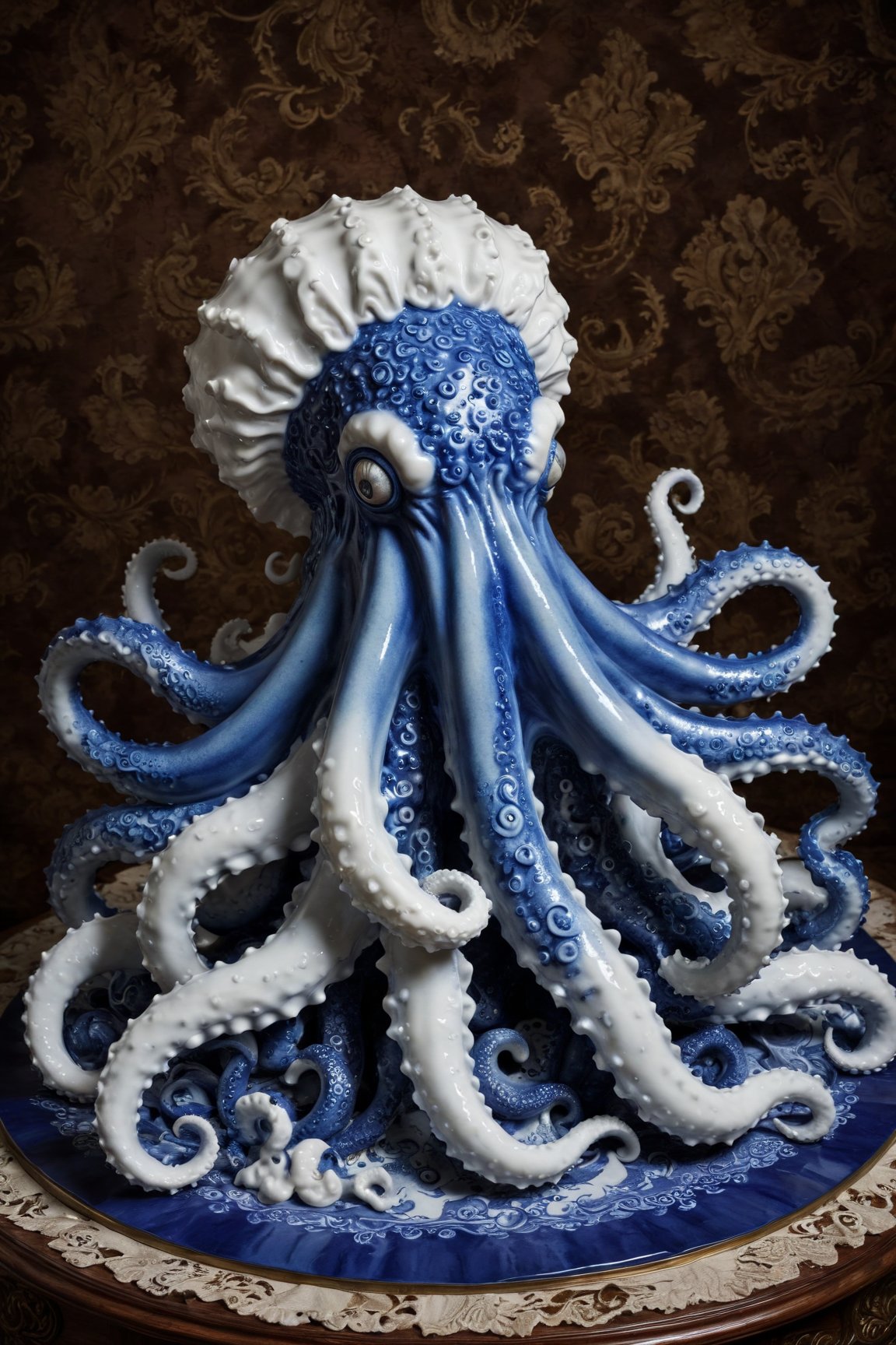 award winning photograph of a kraken with slimy tentacles made of blue and white porcelain in wonderland, magical, whimsical, fantasy art concept, steampunk, intricate details, best quality, masterpiece, ultra shartp, hyper realistic, realism