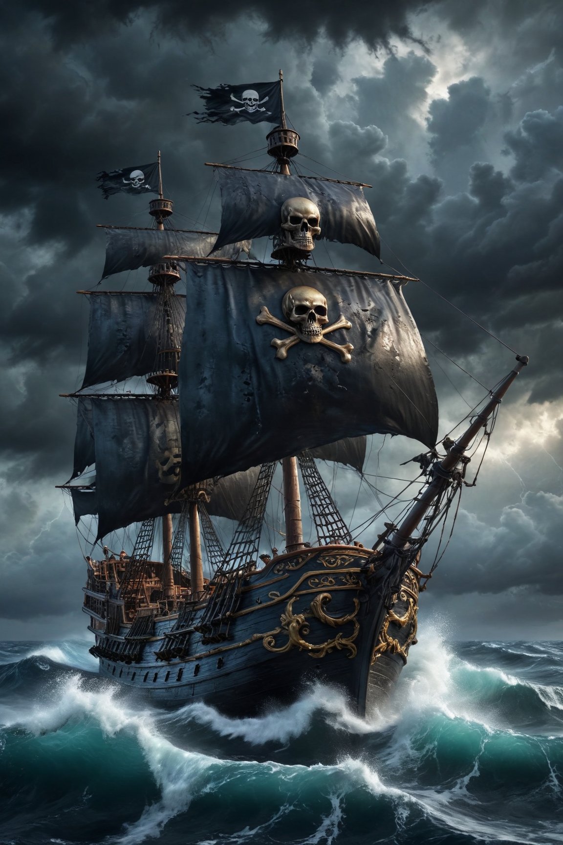 Realistic, hyper detailed, award winning masterpiece, full body portrait, ((ultra-high resolution 16k intense color portrait)), in the deep ocean, rough sea waves a large pirates ship with a black skull flag on top, ultra realistic, Hyper, vibrant light, storm, clouds, lightning, rough weather cinematic background