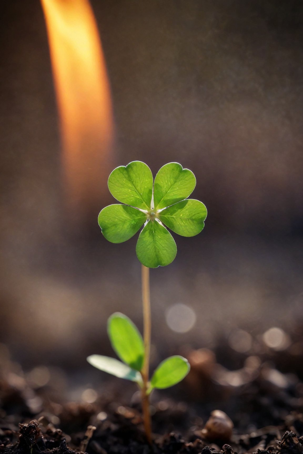 masterpiece,professional macro photography, small sprouting Clover plant (symbol of hope, love and faith) in the war zone field,chaotic background, fire,war, soft bounced lighting, amazing depth of field, shot from a low angle, shot on Lumix GH5 (cinematic bokeh, dynamic range, vibrant colors)
