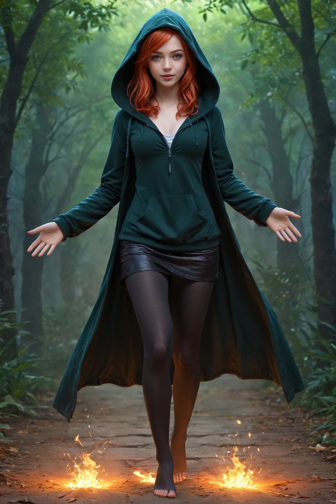 Stunningly beautiful 20 year old undine girl, dark hooded floating humanoid entity, hood, darkest aspects of magic, green eyes, nasty smile, red hair, longing, standing, arms outstretched down, palms forward, confident look, colorful lighting, soft or deep pastel, rich shades, unique atmosphere, trendy on artstation, full body, wide view, overview, 3D manga art, Perfect Hands, perfecteyes
