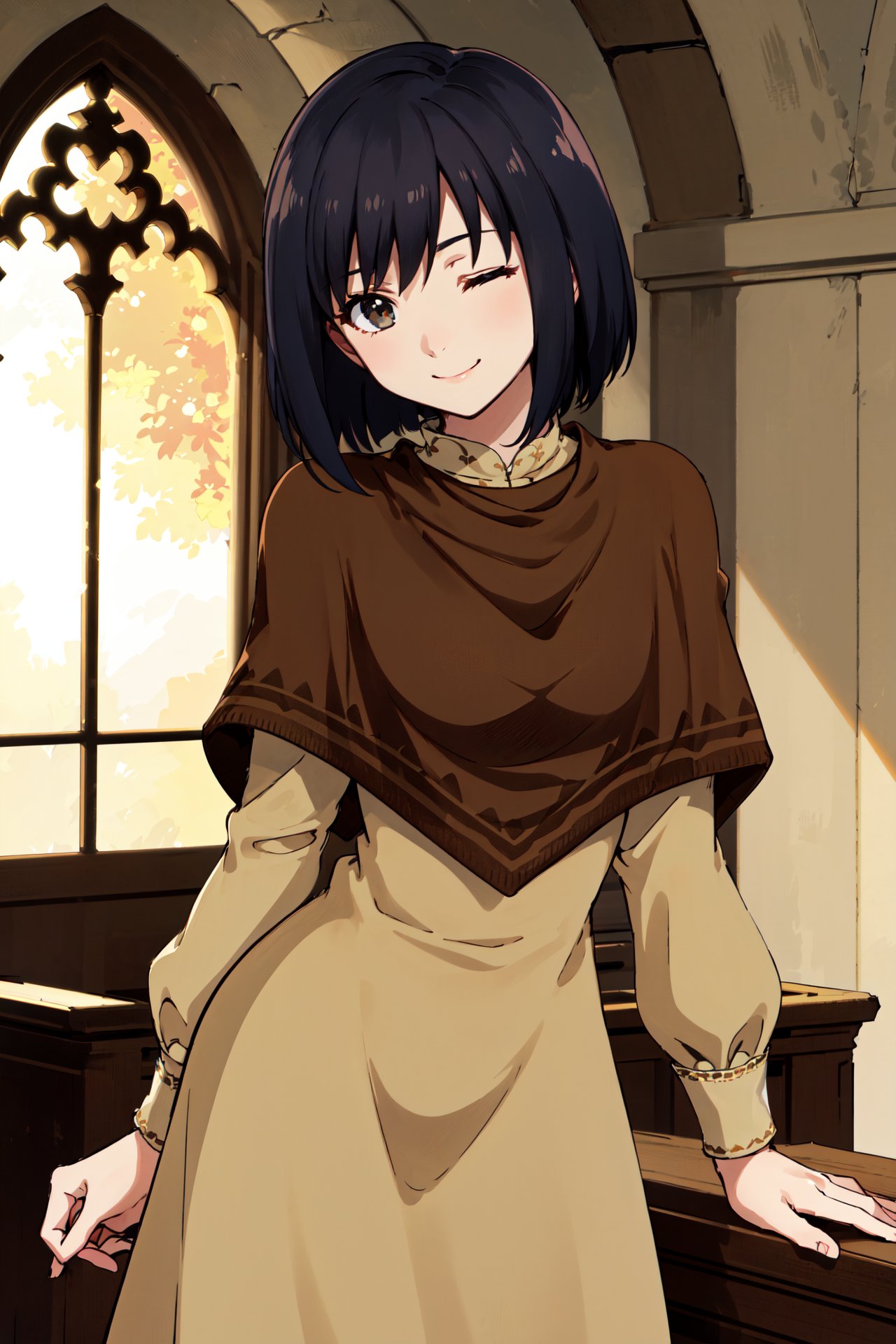 arms behind back,  one eyes closed,  leaning forward by Ttan on Tensor.Art