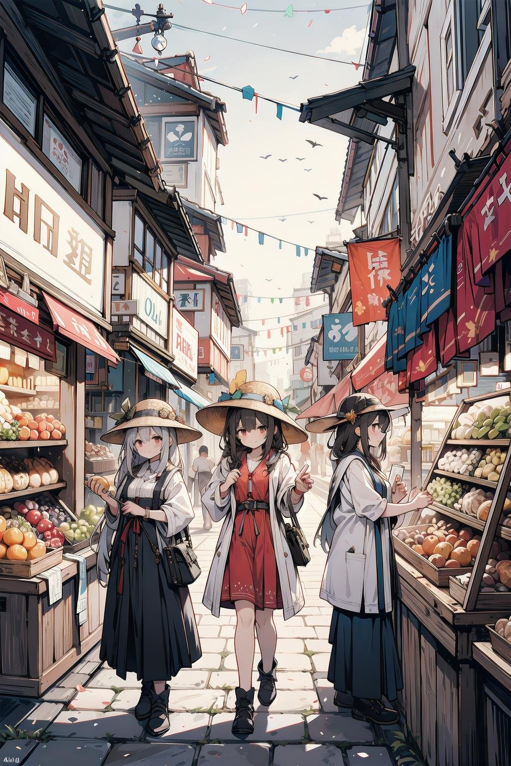 vibrant market,  with colorful stalls and bustling crowds. The sky is a bright shade of orange,  signaling the approach of...
