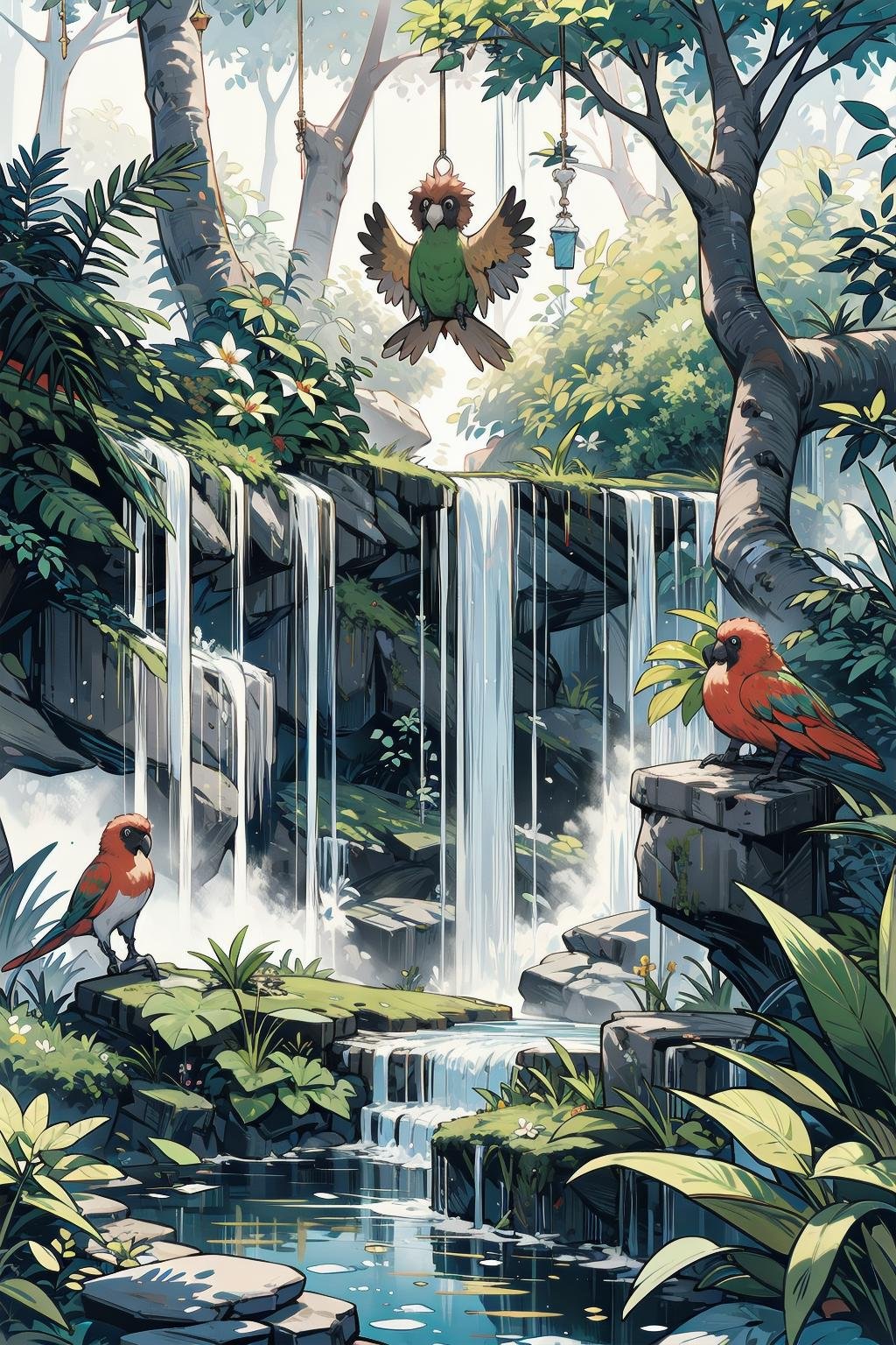 vibrant jungle,  with tall trees and colorful flowers. The air is thick with the scent of lush greenery. In the foreground...