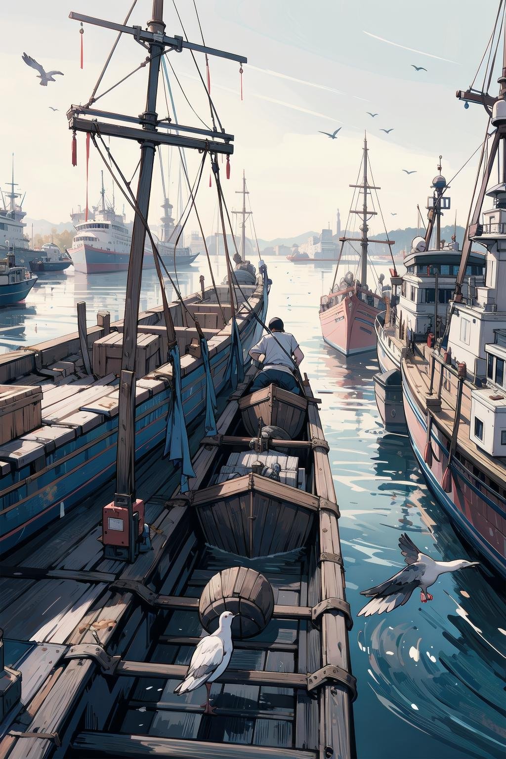 busy harbor,  with ships of all sizes docked along the quay. The water is a deep shade of blue-green,  and seagulls wheel...