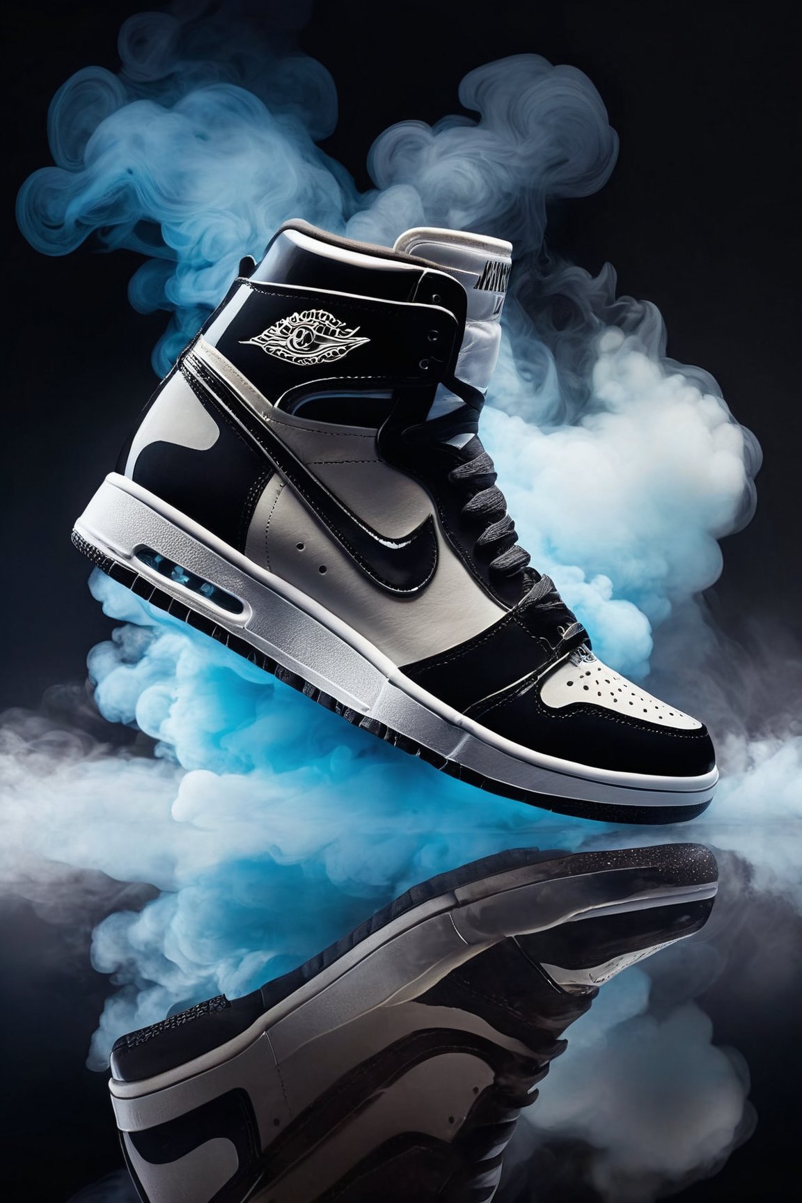 (best quality,8K,highres,masterpiece), ultra-detailed illustration capturing the design process of sneakers, focusing on shoes engulfed in a smoke cloud against a blurry nighttime backdrop. The scene depicts a ground vehicle, subtly reflected in the surface below, adding depth to the composition. The sneakers, the central focus of the image, are shrouded in smoke, highlighting their dynamic design elements and creating an atmosphere of mystery and intrigue. The interplay of light and shadow enhances the visual impact, while the reflection on the ground adds a layer of realism to the scene, immersing the viewer in the urban setting. This artwork is a testament to the creativity and craftsmanship involved in sneaker design, showcasing the fusion of style and functionality in a captivating visual narrative.