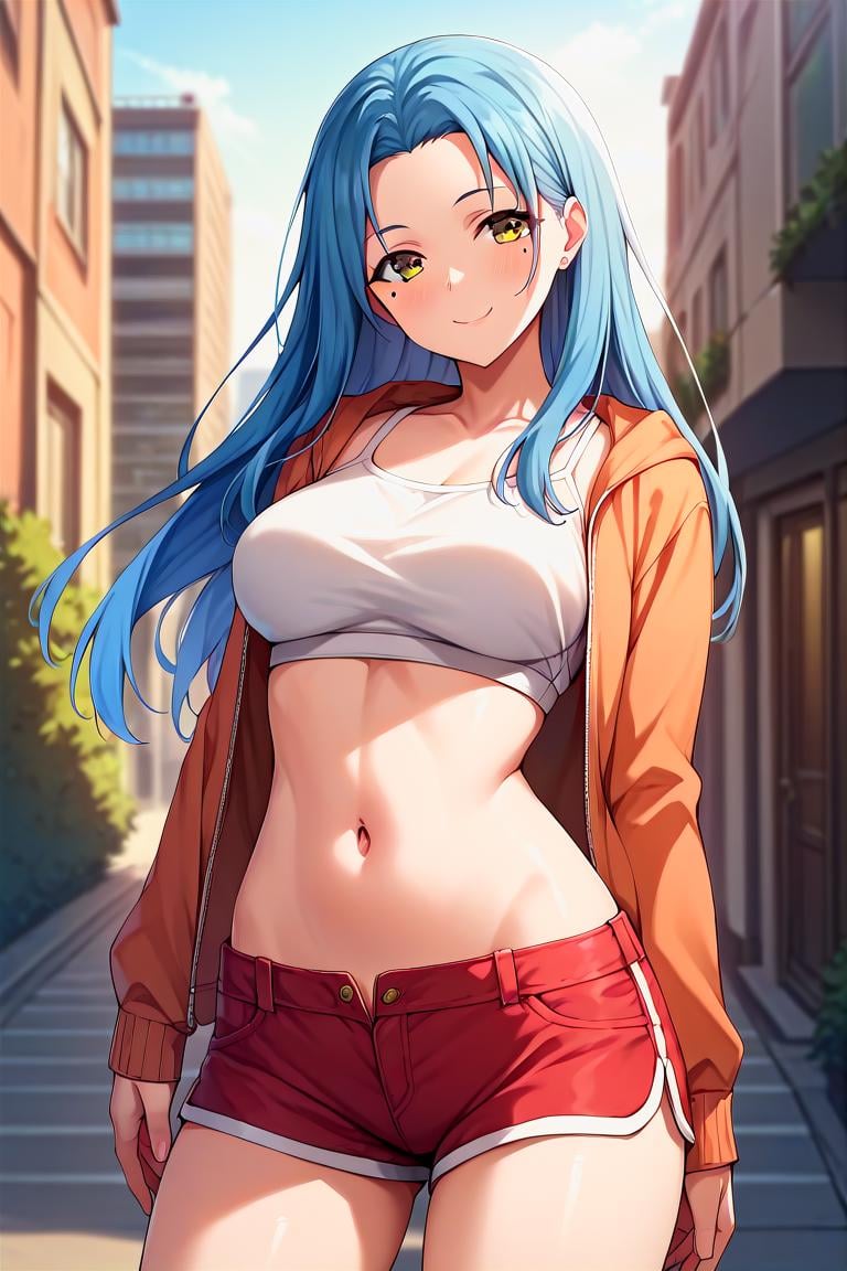 score_9, score_8_up, score_7_up, score_6_up, score_5_up, score_4_up, rating_questionable, , source_anime, digital illustration, pixiv, fanbox, uncensored, , BREAK, official art,1girl, solo, female, haruka hasebe, blue hair, long hair, brown eyes, mole under eye, ,croptop, navel, groin, shorts, thighs, outdoors, cityscape, light smile, blush, looking at viewer, cowboy shot, colorful, vivid  <lora:Haruka_Hasebe_Pony-000009:0.8>