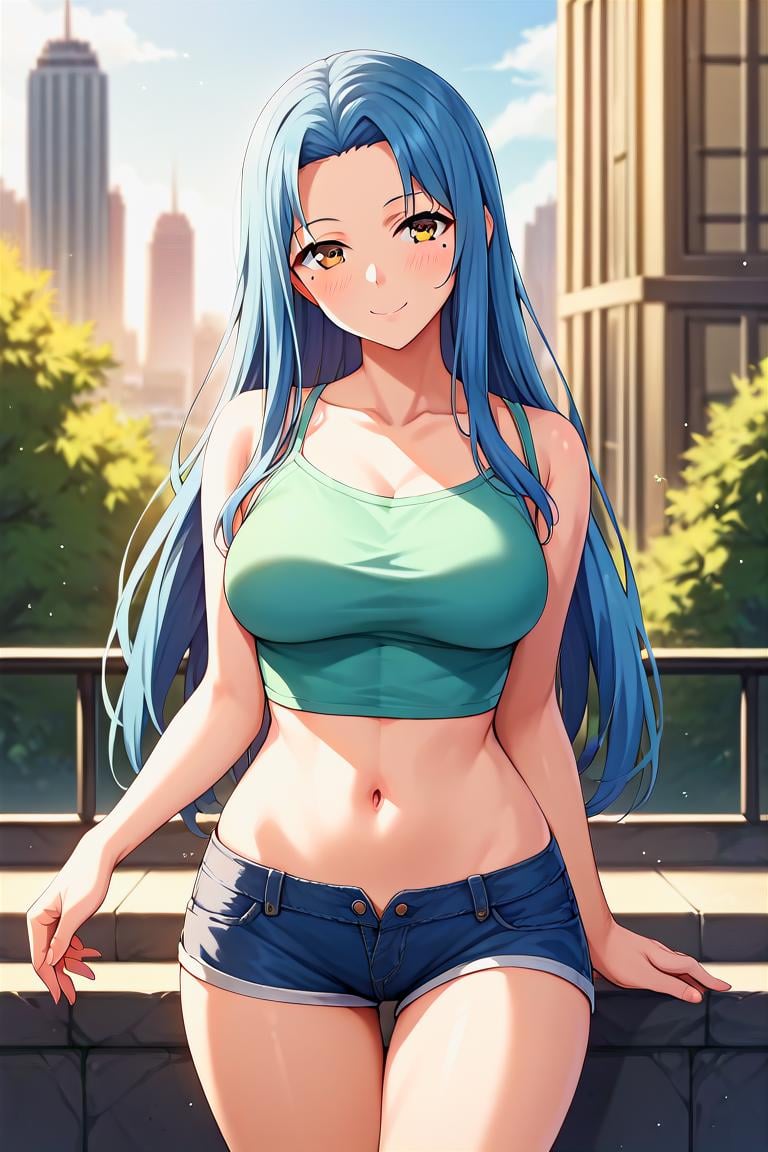 score_9, score_8_up, score_7_up, score_6_up, score_5_up, score_4_up, rating_questionable, , source_anime, digital illustration, pixiv, fanbox, uncensored, , BREAK, official art,1girl, solo, female, haruka hasebe, blue hair, long hair, brown eyes, mole under eye, ,croptop, navel, groin, shorts, thighs, outdoors, cityscape, light smile, blush, looking at viewer, cowboy shot, colorful, vivid  <lora:Haruka_Hasebe_Pony-000009:0.8>