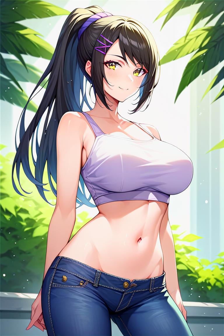 score_9, score_8_up, score_7_up, score_6_up, score_5_up, score_4_up, rating_questionable, , source_anime, digital illustration, pixiv, fanbox, uncensored, , BREAK, official art, 1girl, solo, female, sae chabashira, long hair, yellow eyes, ponytail, hair_clip,  large breasts,croptop, jeans, bare shoulders, navel, groin,,, outdoors,, , light smile, blush, looking at viewer, cowboy shot, colorful, vivid  <lora:Sae_Chabashira_Pony-000009:0.8>