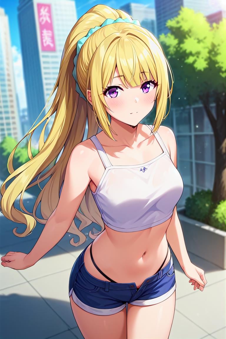 score_9, score_8_up, score_7_up, score_6_up, score_5_up, score_4_up, rating_questionable, , source_anime, digital illustration, pixiv, fanbox, uncensored, , BREAK, official art, 1girl, , female, kei karuizawa, yellow hair, long hair, ponytail,  scrunchie, purple eyes, crop top, shorts, navel, groin, outdoors, city, buildings,,, blush, outdoors, , blush, looking at viewer, colorful, vivid <lora:Kei_Karuizawa_Pony-000009:0.9>