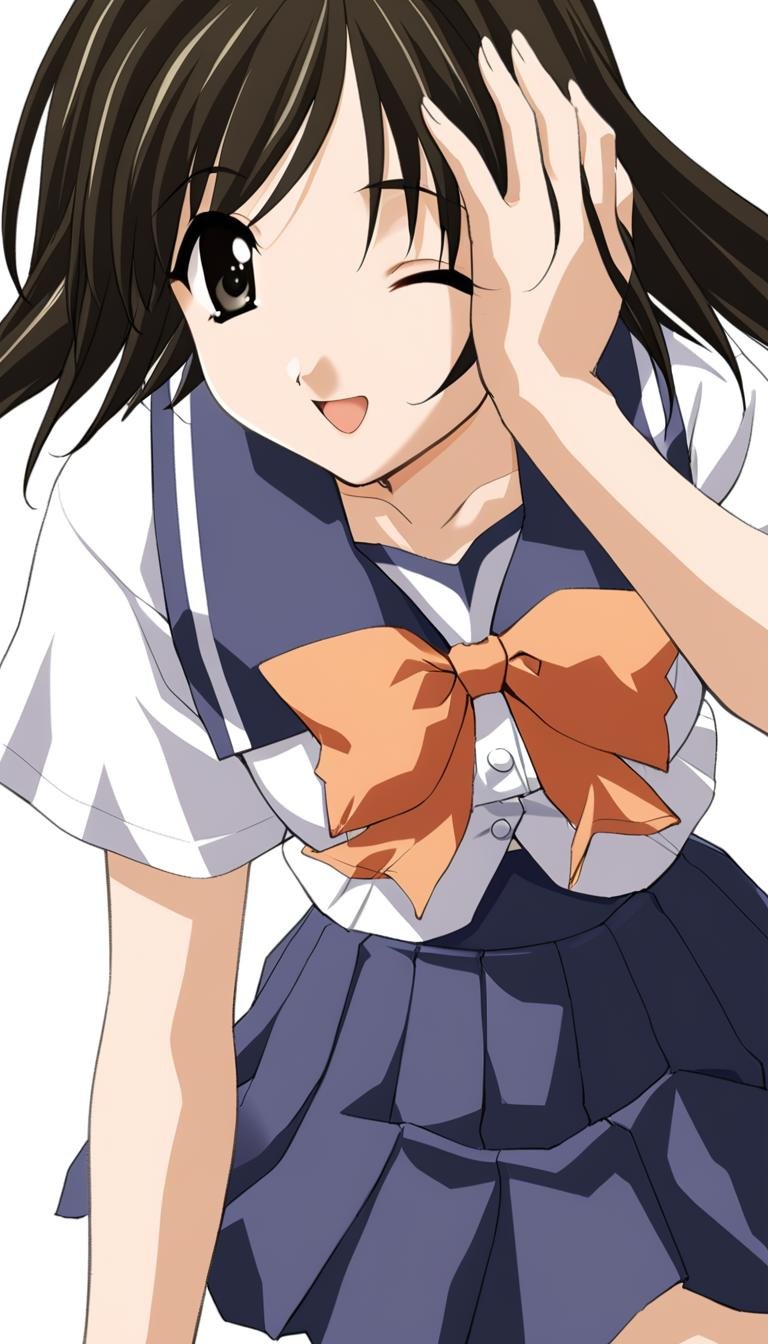 1girl,tobise tomoe,sumisora uniform,sailor collar with a white stripe,orange bow,blue pleated skirt,short sleeves,one eye closed,smile,open mouth,;d,masterpiece,solo,best quality,game cg,(depth of field:0.6),(detailed beautiful eyes:1.2),(beautiful face:1.2),<lora:TobiseTomoeXL:1>,simple background,white background,