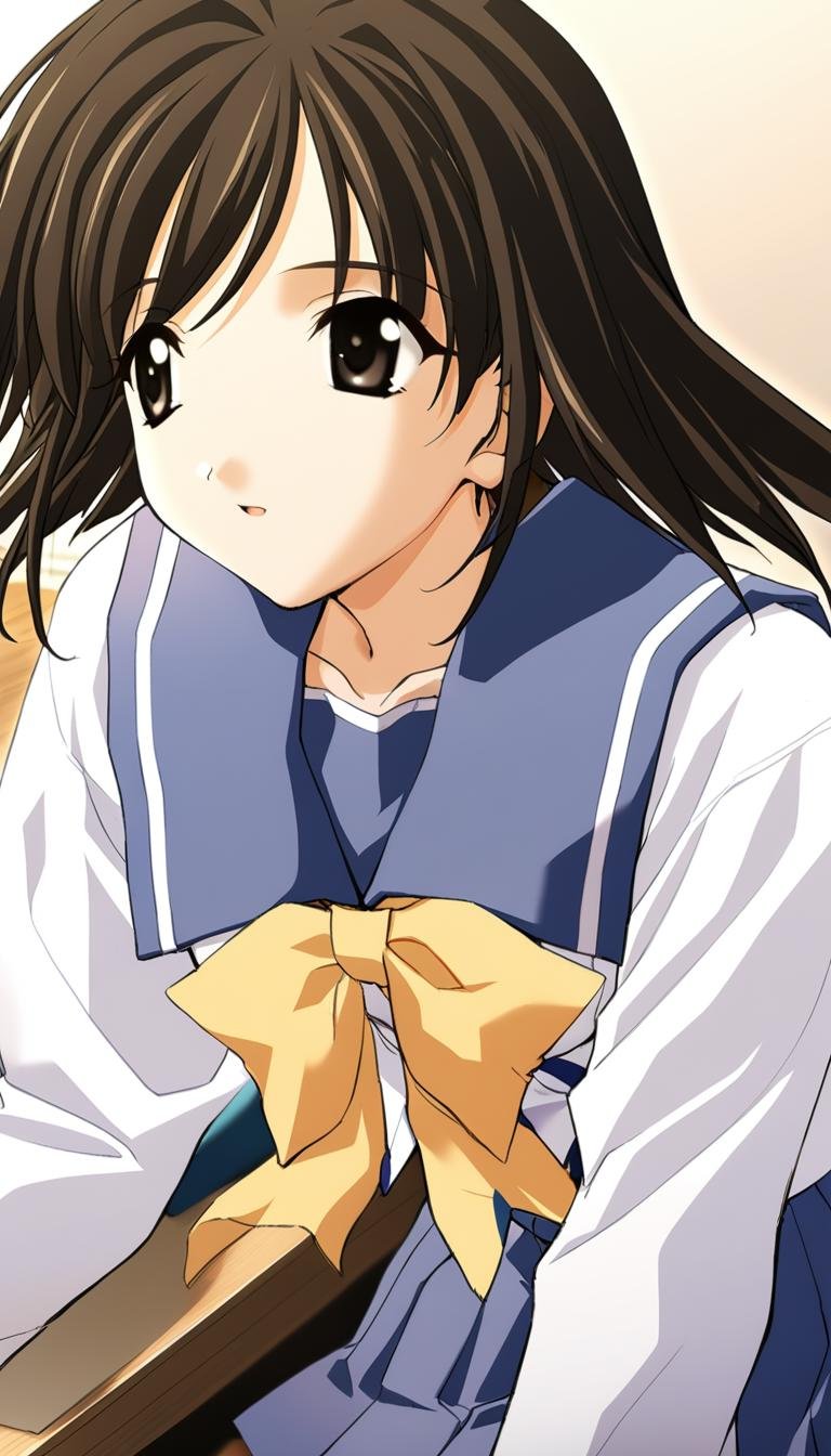 1girl,tobise tomoe,sumisora uniform,blue sailor collar with a white stripe,pleated skirt,blue cuff with a white stripe,masterpiece,solo,best quality,game cg,(depth of field:0.6),(detailed beautiful eyes:1.1),(beautiful face:1.2),<lora:TobiseTomoeXL:1>,long sleeves,