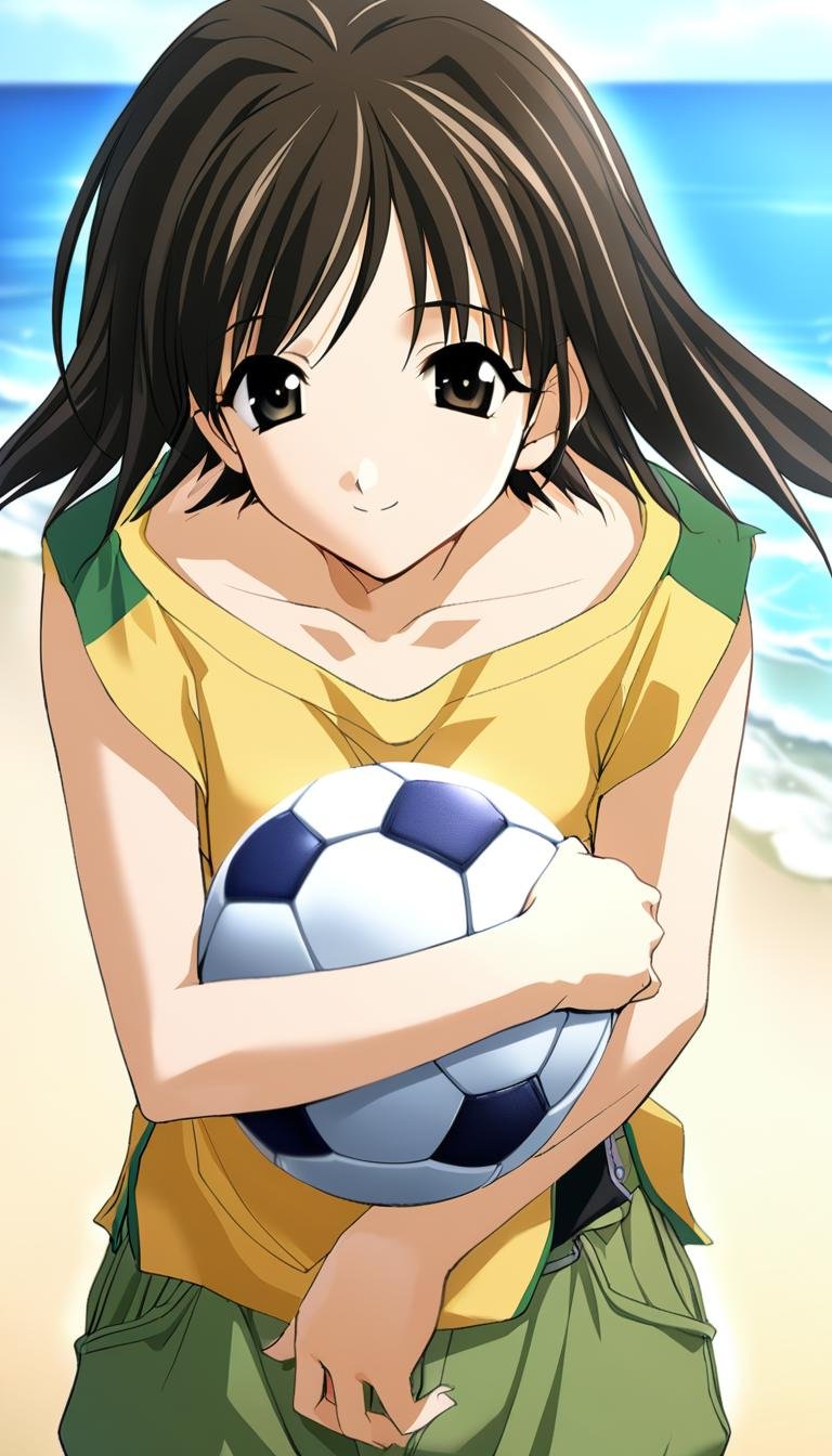 1girl,tobise tomoe,yellow t-shirt,green pants,green shoulder,1soccer ball,sleeveless,masterpiece,solo,best quality,game cg,(depth of field:0.6),(detailed beautiful eyes:1.2),(beautiful face:1.2),<lora:TobiseTomoeXL:1>,beach,hug a small soccer ball,smile,